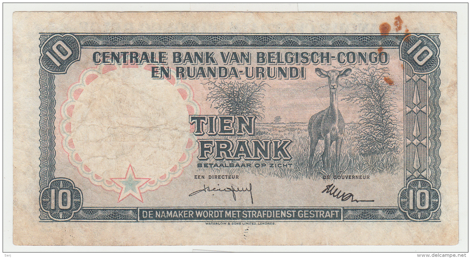 Belgian Congo 10 Francs 1958 VF Banknote Pick 30b  30 B - Bank Van Belgisch Kongo