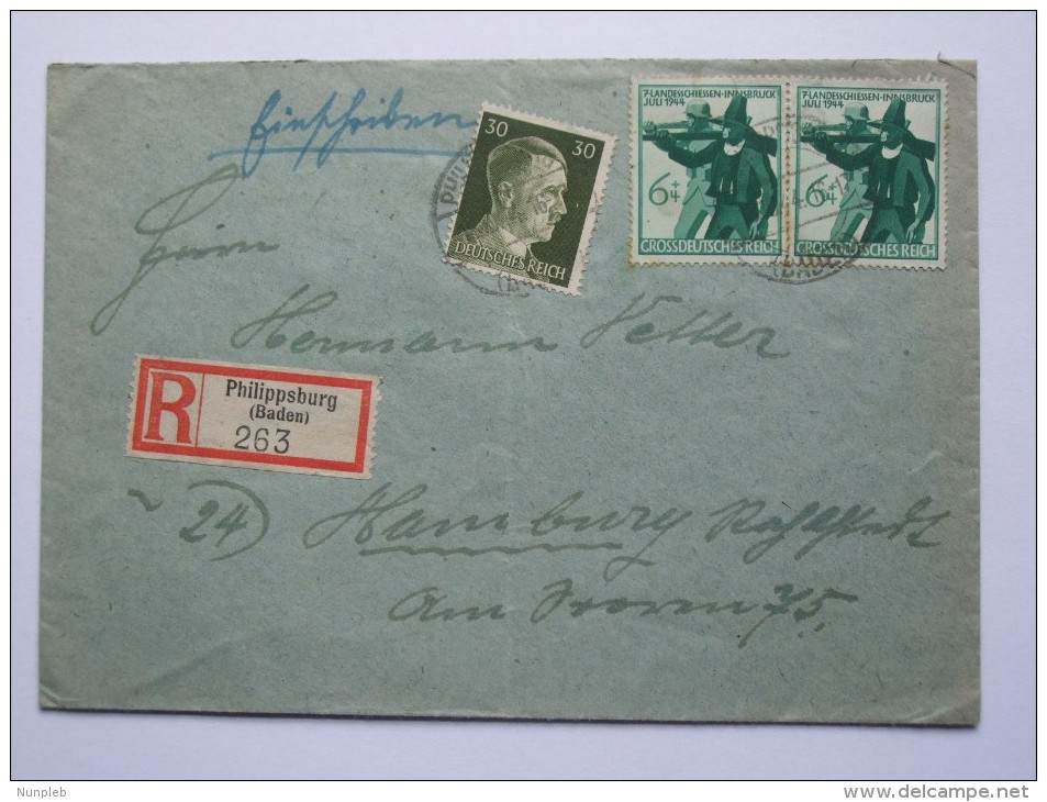 GERMANY 1944 REGISTERED EINSCHREIBEN COVER PHILIPPSBURG BADEN TO HAMBURG - Briefe U. Dokumente