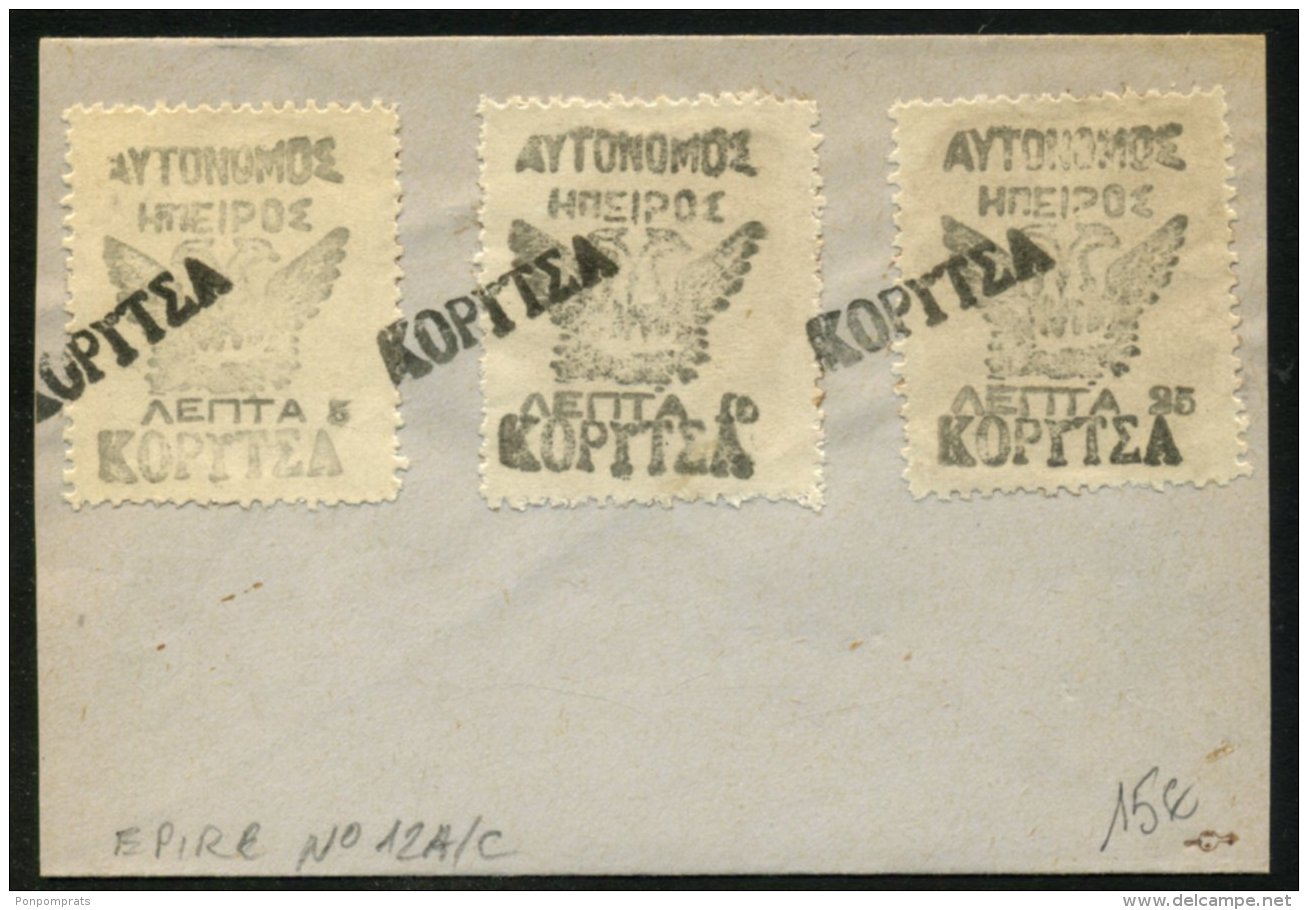 Enveloppe Avec Série Des 3 Timbres Provisoire De KORITZA De 1914 Avec Oblt Griffe Linéaire - North Epirus