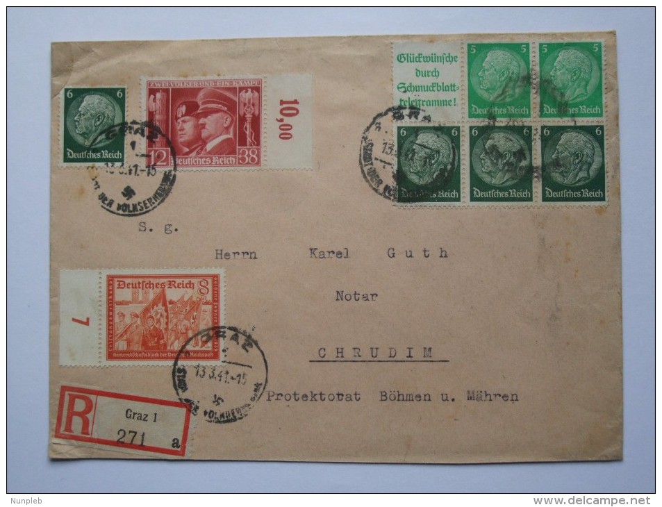 GERMANY 1941 REGISTERED EINSCHREIBEN COVER GRAZ TO CHRUDIM (BOHMEN UND MAHREN) MULTI-STAMPED - Briefe U. Dokumente
