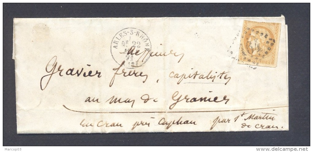 BOUCHES DU RHONE 13 ARLES SUR RHONE LAC TAD 15  22/05/1871 GC 164 Sur 10 C Bordeaux (touché) Tarif Local St Martin TTB - 1849-1876: Période Classique