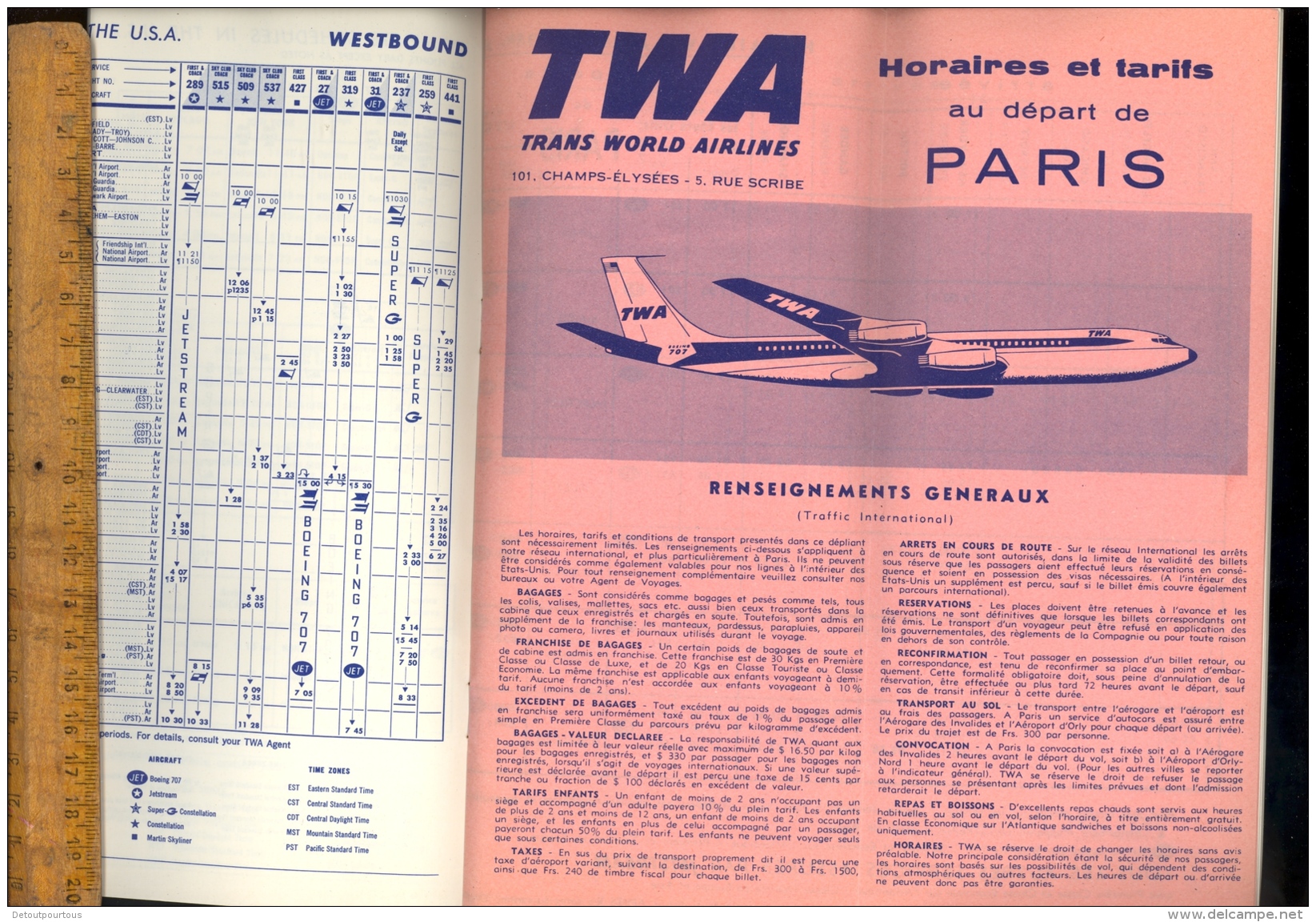 TWA Trans World Airlines Routes 1960& Schedule From Paris Boeing 707 Aircraft Avion Flugzeug - United States