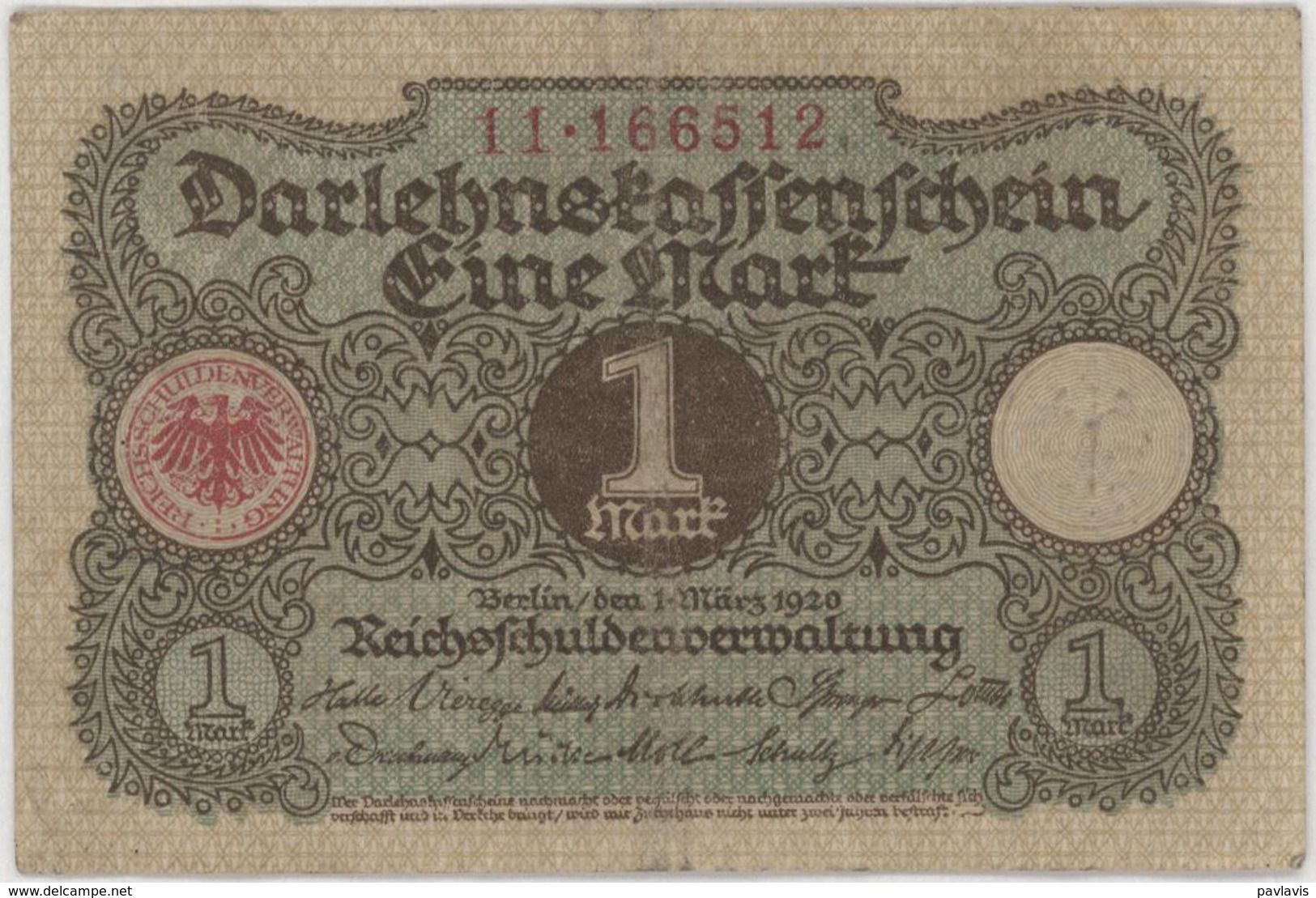 1 Mark / Eine Mark - Weimar Republic - Year 1920 - 1 Mark