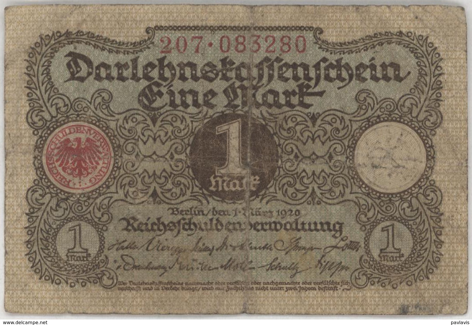 1 Mark / Eine Mark - Weimar Republic - Year 1920 - 1 Mark