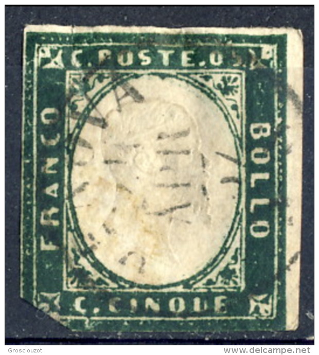 Sardegna IV Emissione Sassone N. 13Ab  C. 5 Verde Mirto Scuro Annullo Genova Aprile 1857 Firmato Biondi, Catalogo € 1400 - Sardegna