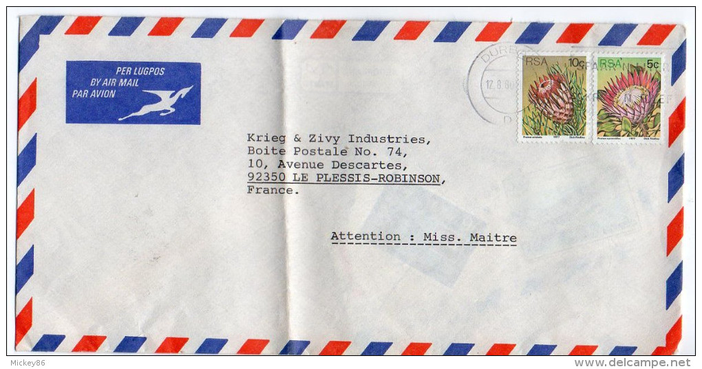AFRIQUE DU SUD--1980-Lettre De DURBAN Pour Plessis-Robinson-92-(France)--Composition De Timbres (fleurs)-cachet - Covers & Documents