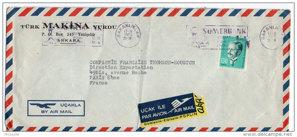 Turquie--1965-Lettre De BAKANKLAR Pour PARIS-(France)--timbre Seul Sur Lettre Personnalisée--cachet - Briefe U. Dokumente