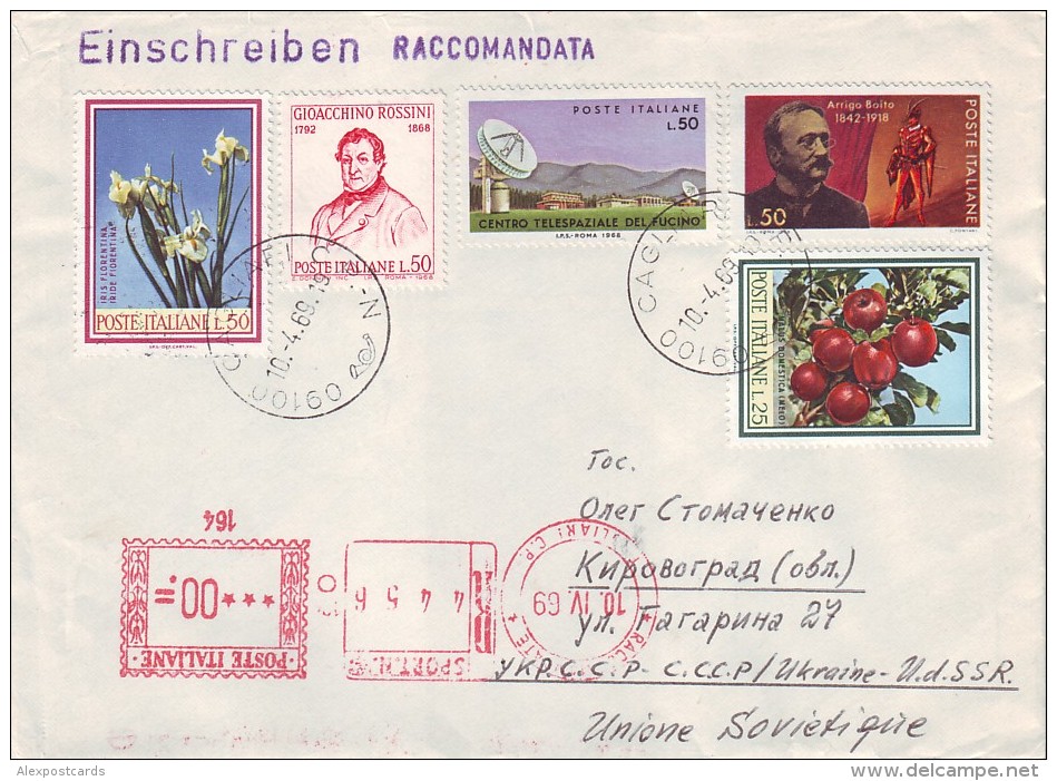 ITALY 1969. REGISTERED LETTER From Cagliari To UKRAINE. Cover Franked By Nice Commemorative Stamps G. ROSSINI, IRIS Etc. - 1961-70: Marcophilia
