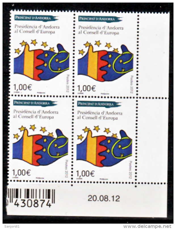 Andorre 731 Présidence Du Conseil De L'Europe Bloc De 4 Coin Daté 20 8 12 Neuf ** TB MNH Sin Charnela - Neufs