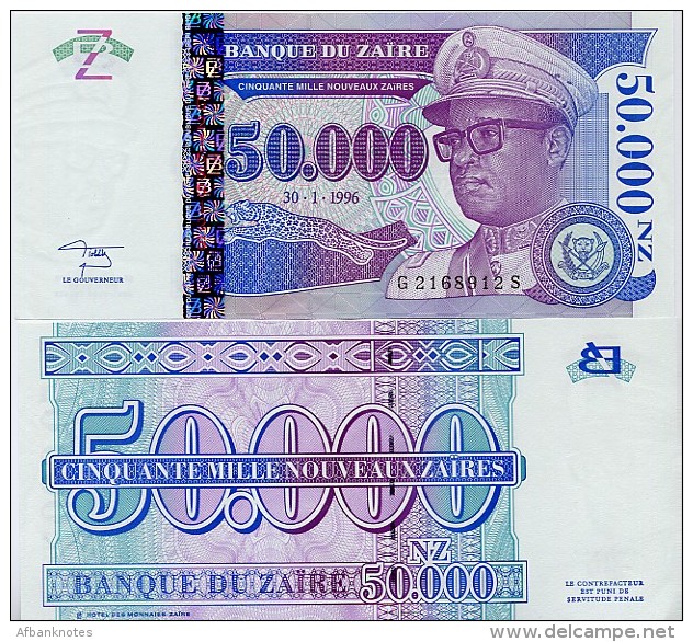 ZAIRE       50,000 Nouveaux Zaïres       P-75       30.1.1996       UNC  [ 50000 ] - Zaire