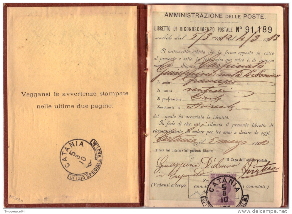 Regno. Storia Postale 1910. LIBRETTO DI RICONOSCIMENTO POSTALE - Storia Postale