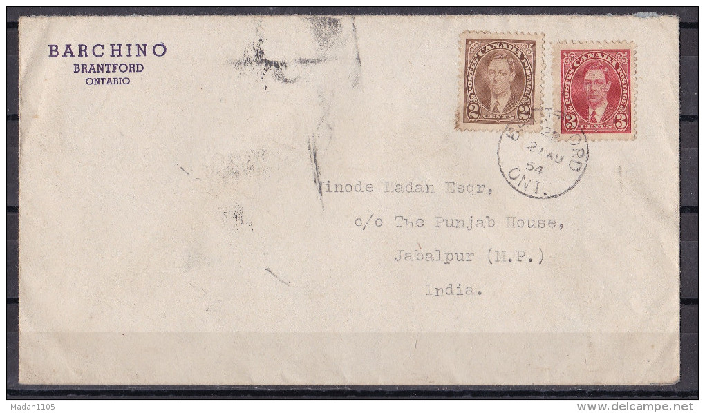 CANADA, 1954, Cover From Canada To India,  2 Stamps, - Lettres & Documents