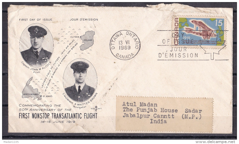 CANADA, 1969, Cover From Canada To India,  1 Stamp, 1st Non Stop Transatlantic Flight - Cartas & Documentos