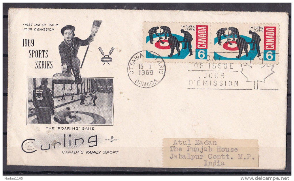 CANADA, 1969, FDC, Cover From Canada To India,  2 Stamps, Curling, - Brieven En Documenten