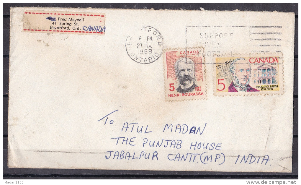 CANADA,  1968, Cover From Canada To India, Herni Bourassa, Hon George Brown - Lettres & Documents