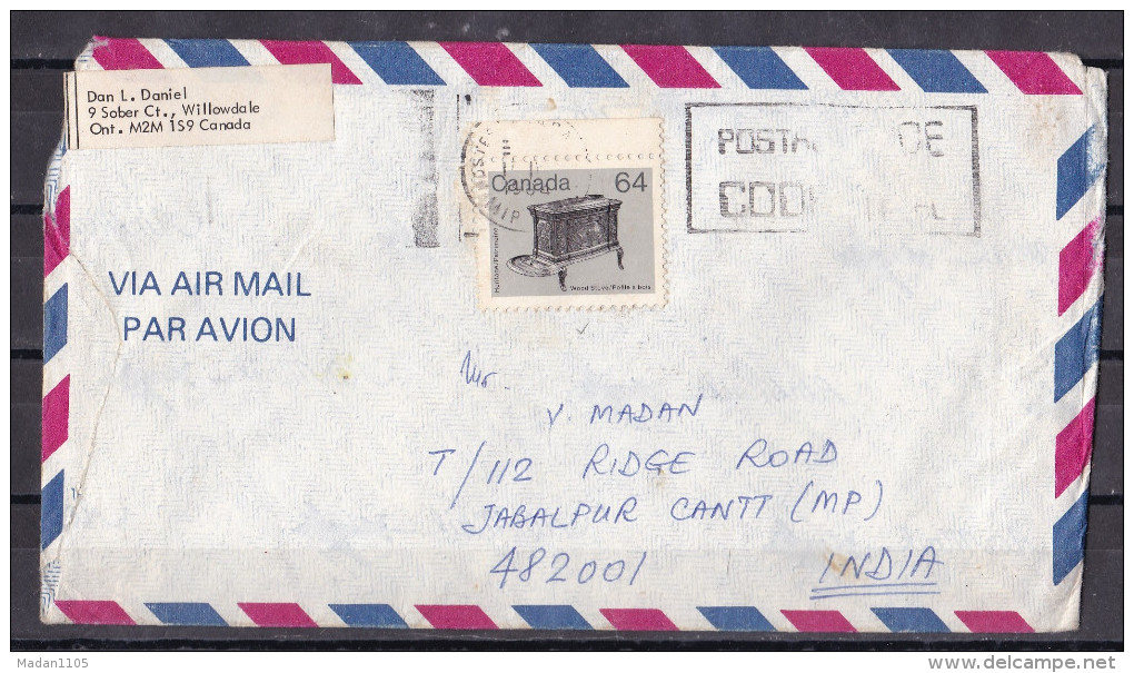 CANADA,  Airmail Cover From Canada To India, 1 Stamp, Wood Stove - Storia Postale