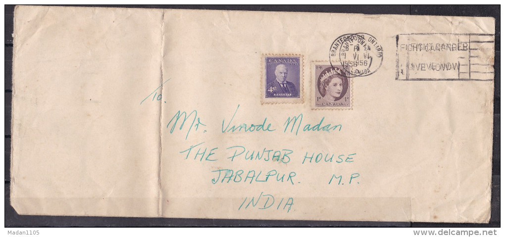 CANADA, 1956,  Cover  From Canada To India, 2 Stamps, Queen - Storia Postale