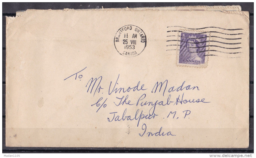 CANADA, 1953,  Cover  From Canada To India, 1 Stamp, Queen - Storia Postale