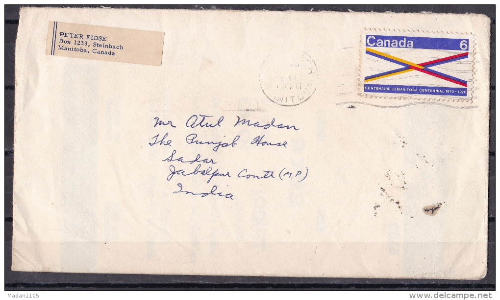 CANADA, 1970, Cover  From Canada To India,  1 Stamp - Brieven En Documenten