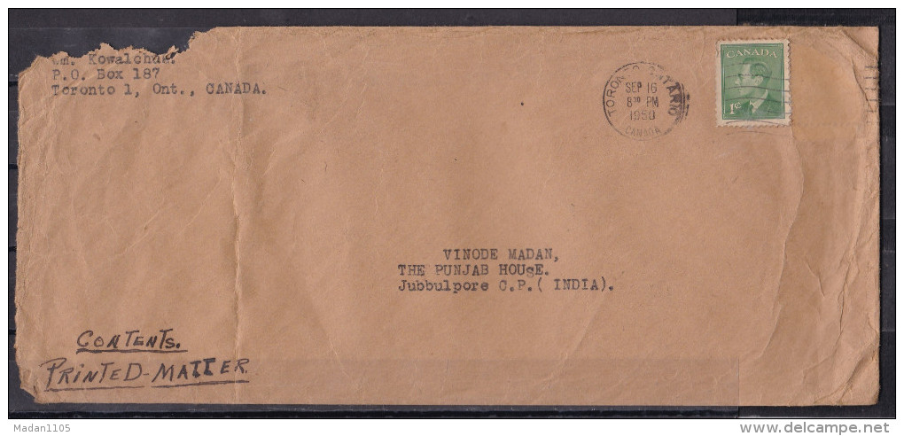 CANADA, 1950, Cover  From Canada To India,  1 Stamp - Cartas & Documentos