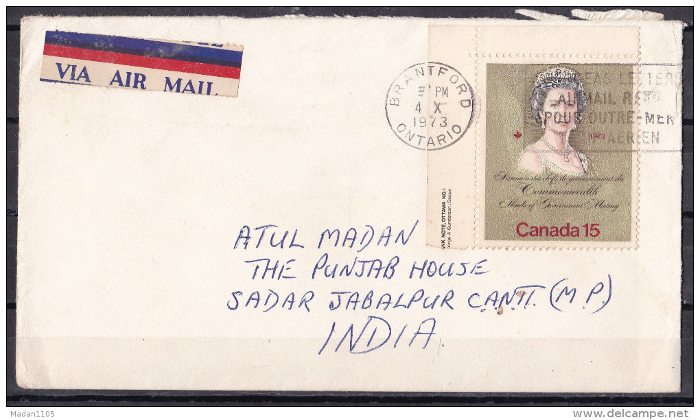 CANADA, 1973, Airmail Cover  From Canada To India,  1 Stamp, Queen - Covers & Documents