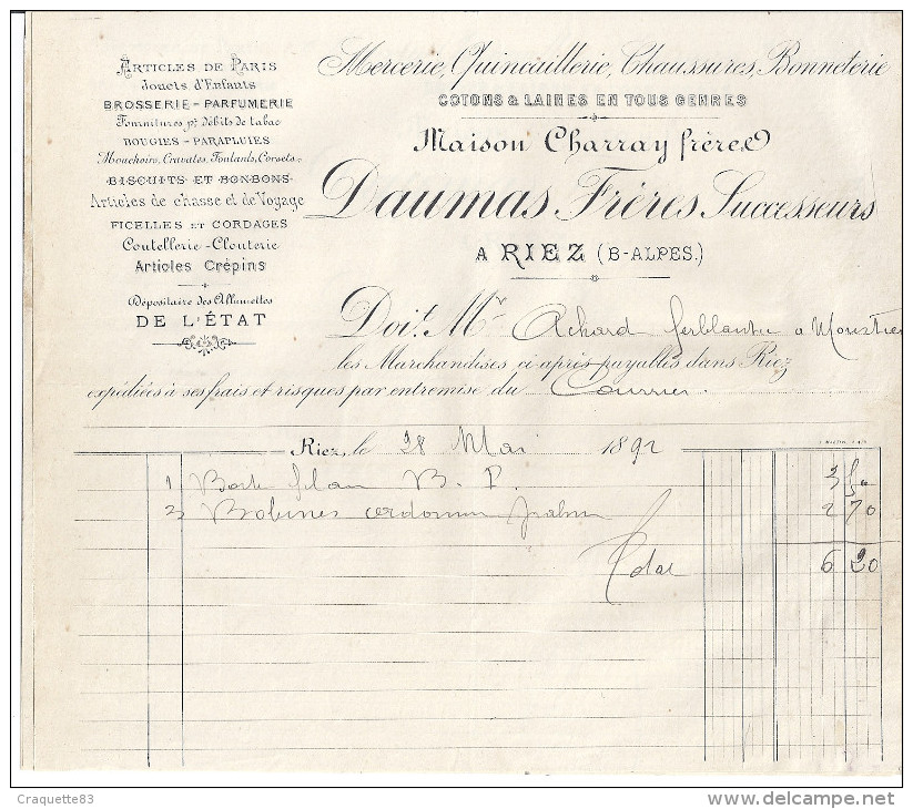 MERCERIE QUINCAILLERIE CHAUSSURES BONNETERIE -MAISON CHARRAY FRERES -DAUMAS FRERES SUC.  RIEZ  BASSES-ALPES 1892 - 1800 – 1899