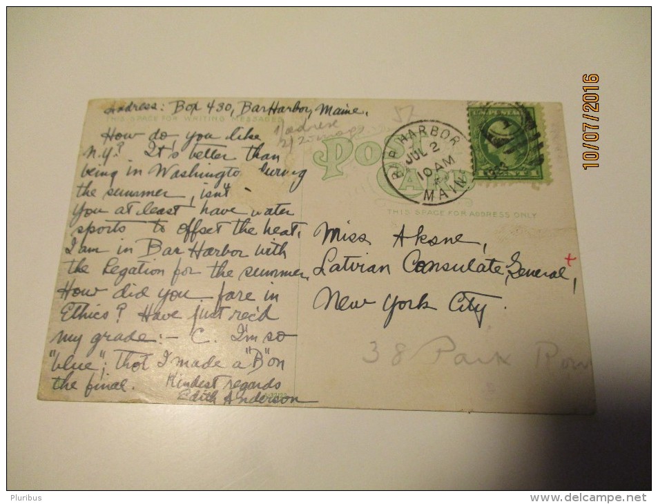 1923 BAR HARBOR MAINE  TO LATVIAN CONSULATE NEW YORK , BEAR ISLAND  HARBOR MAINE   , OLD  POSTCARD  , O - Altri & Non Classificati