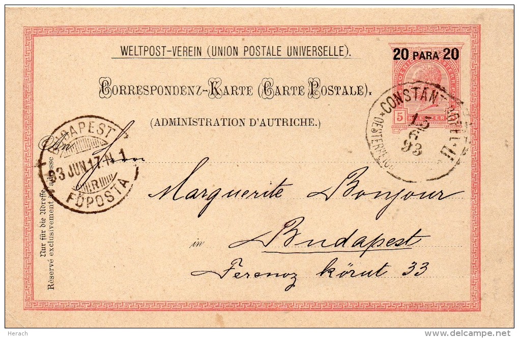 Levant Autrichien Entier Postal Constantinopel Pour La Hongrie1893 - Errors & Oddities