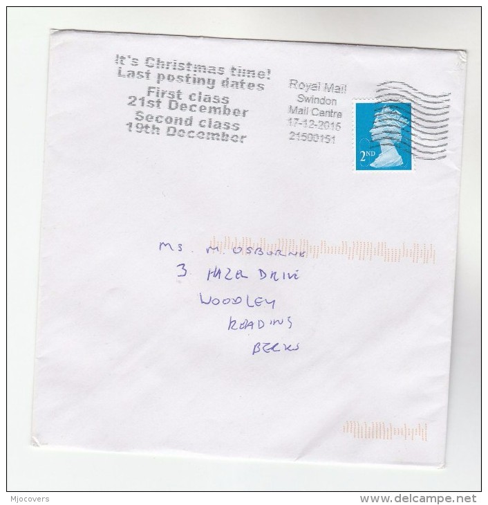 2015 Swindon GB Stamps COVER SLOGAN Pmk ITS CHRISTMAS TIME LAST POSTING DATES 1ST CLASS  21 DEC - Cartas & Documentos