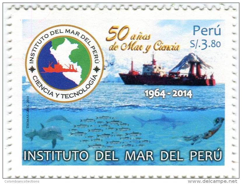 Lote P2014-22, Peru, 2014, Sello, Stamp, Instituto Del Mar Del Peru, Fish, Sea, Dolphin, Boat - Pérou