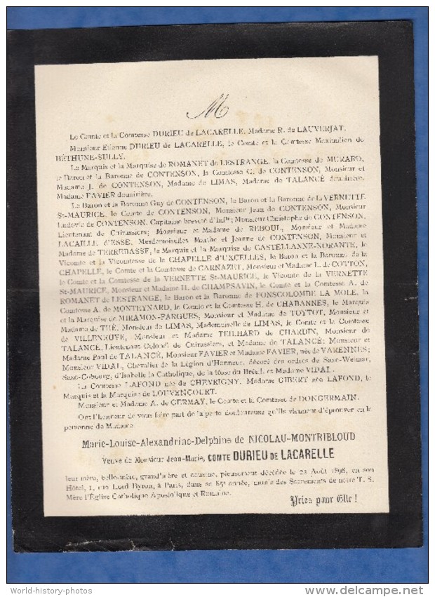 Document Ancien De 1898 - Marie Louise Alexandrine Delphine De NICOLAU MONTRIBLOUD - Vve Du Comte DURIEU De LACARELLE - Historische Dokumente