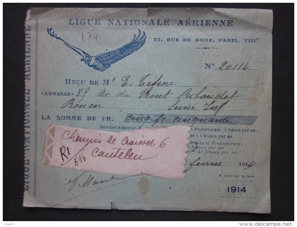 AVIATION - LIGUE NATIONALE AÉRIENNE, PARIS VIII, 27, RUE DE ROME, CARTE DE MEMBRE REÇU 1914, MEMBRE DE ROUEN - Historical Documents