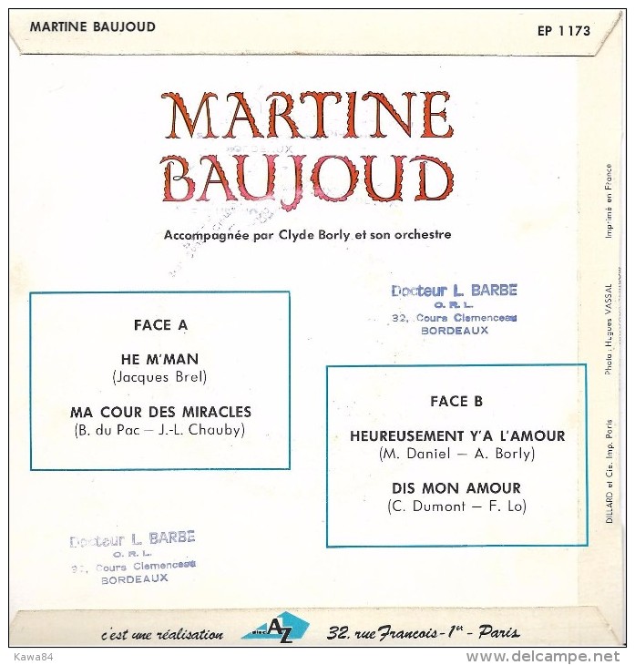 EP 45 RPM (7")  Martine Baujoud / Jacques Brel  "  Ma Cour Des Miracles  " - Sonstige - Franz. Chansons