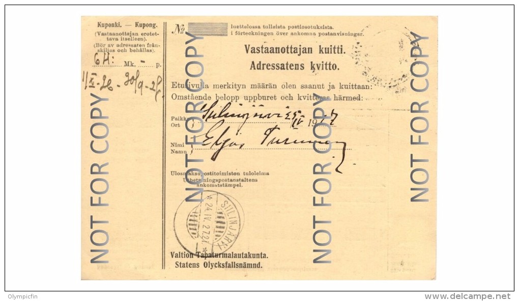 Finland Money Order Card From Helsinki To Siilinjärvi 23.4.27 - Brieven En Documenten