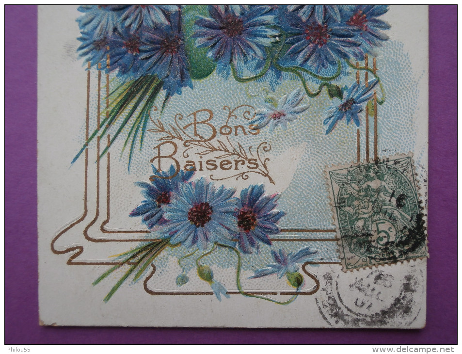 Cpa Fantaisie Gauffree  " Bons Baisers "  Hirondelle Ruban Fleurs Dorure Art Nouveau, Adresse - Autres & Non Classés