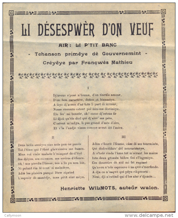 Chanson En Wallon: Auteur: Henriette Wilmots - Li Désespwèr D'on Veuf . - Collections