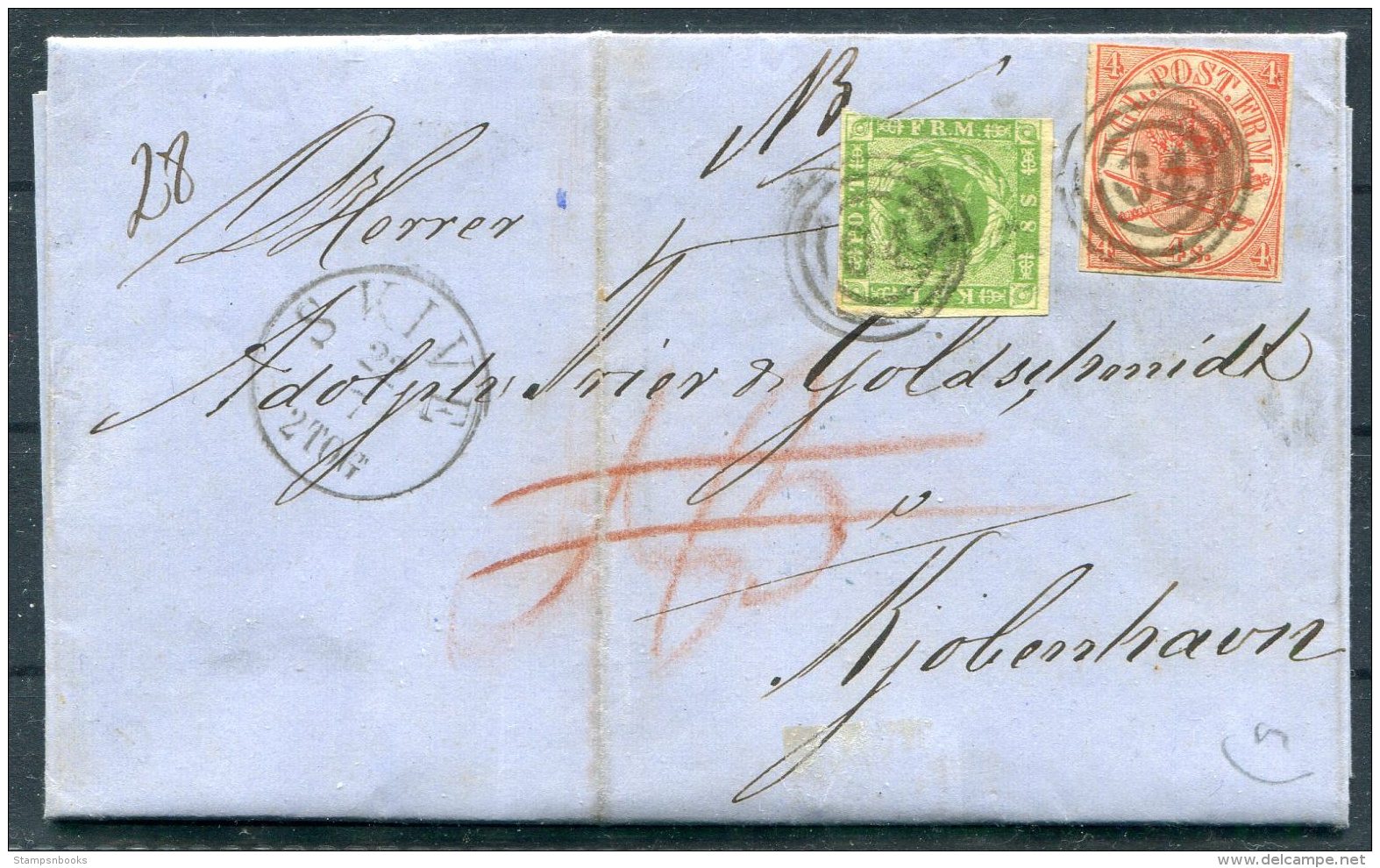 1868 Denmark Skive 34 Numeral Entire - Goldschmidt Copenhagen 4sk + 8sk Mixed Franking - Covers & Documents