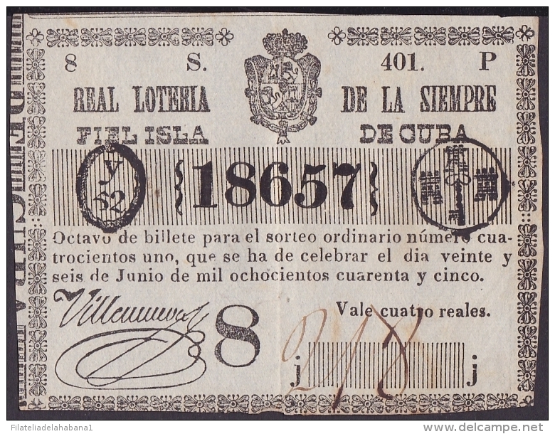 LOT-89 SPAIN ESPAÑA CUBA OLD LOTTERY. 1845. SORTEO 401. 8vo Y 4to. - Lottery Tickets