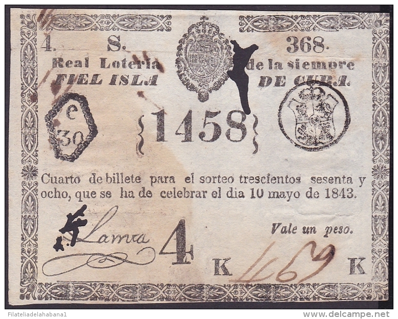 LOT-167 SPAIN ESPAÑA CUBA OLD LOTTERY. 1843. SORTEO 368. - Loterijbiljetten