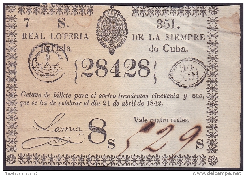 LOT-170 SPAIN ESPAÑA CUBA OLD LOTTERY. 1842. SORTEO 351. - Lottery Tickets