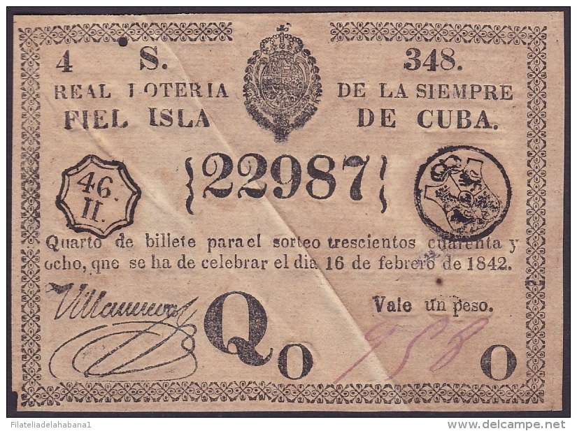 LOT-172 SPAIN ESPAÑA CUBA OLD LOTTERY. 1842. SORTEO 348. - Lottery Tickets