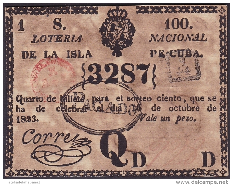 LOT-175 SPAIN ESPAÑA CUBA OLD LOTTERY. 1823. SORTEO 100. PAGADO. - Lottery Tickets