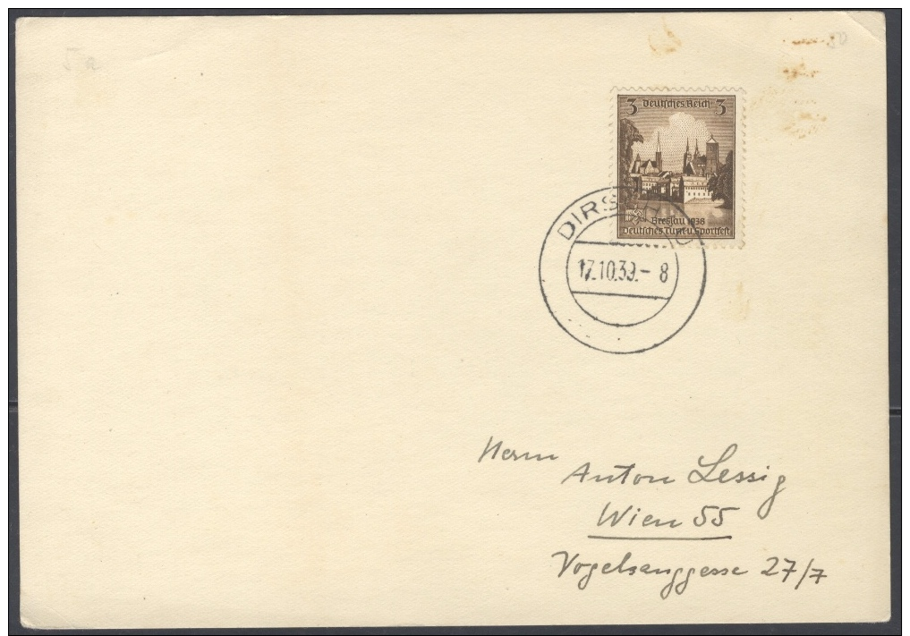 P256 DR Postkarte 1939 Mit EF Mi. 665 3 Pf. U. Handstempel Dirschau Pommern Nach Wien Echt Gelaufen 17.10.1939 - Briefe U. Dokumente