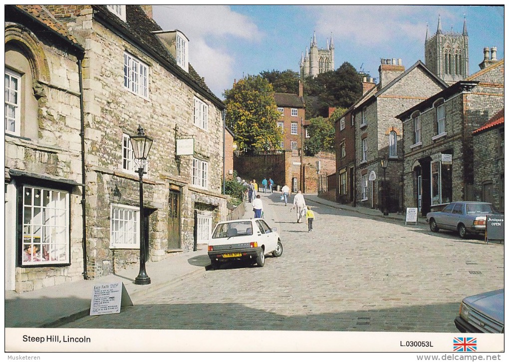 United Kingdom PPC Steep Hill, Lincoln Old Car Auto LINCOLN 1988 HERLUFSMAGLE Denmark Australian Bicentenary (2 Scans) - Lincoln