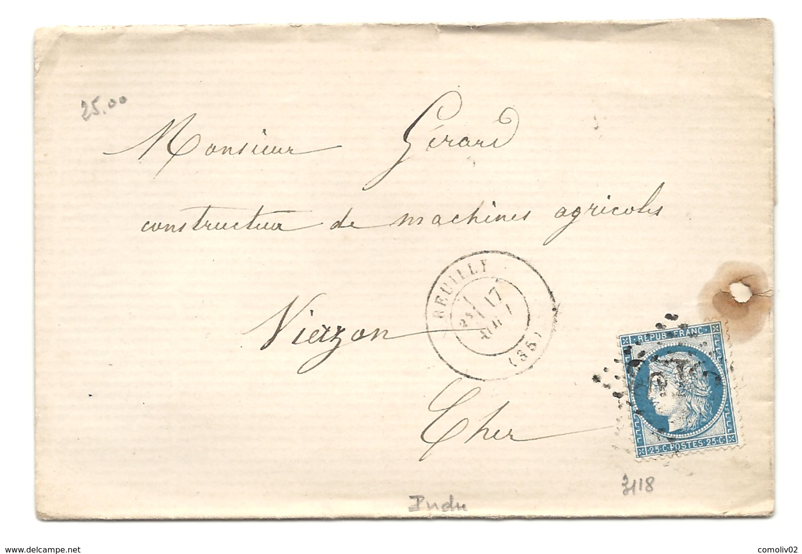 Indre - Reuilly Pour Vierzon - GC 3118 + CàD Type 17 - 1849-1876: Période Classique