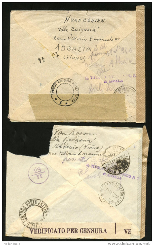 ITALY / FIUME - 1942WWII  Two Covers (1 Damaged, 1 Stamp Removed) Sent To The Netherlands. D-271) - Fiume & Kupa