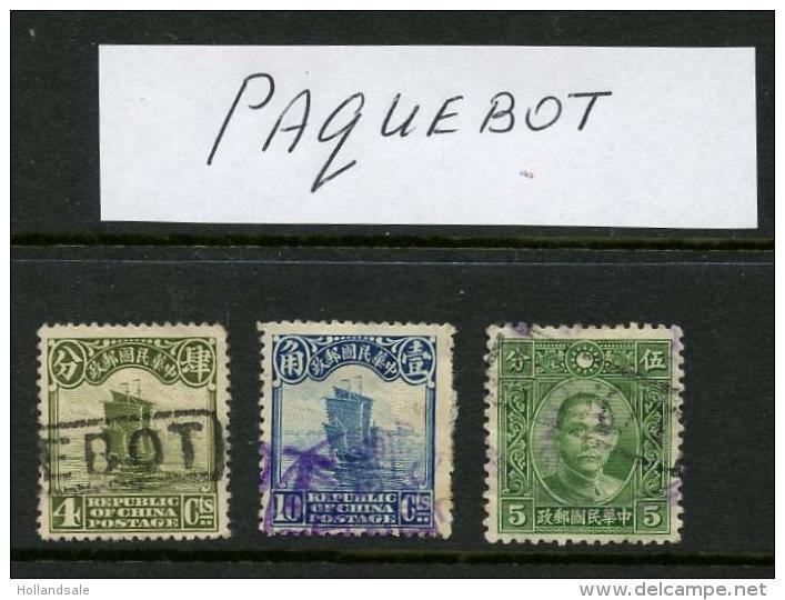 CHINA - Three (3) PAQUEBOT Cancels On Different Stamps. (e-907) - 1912-1949 Republic