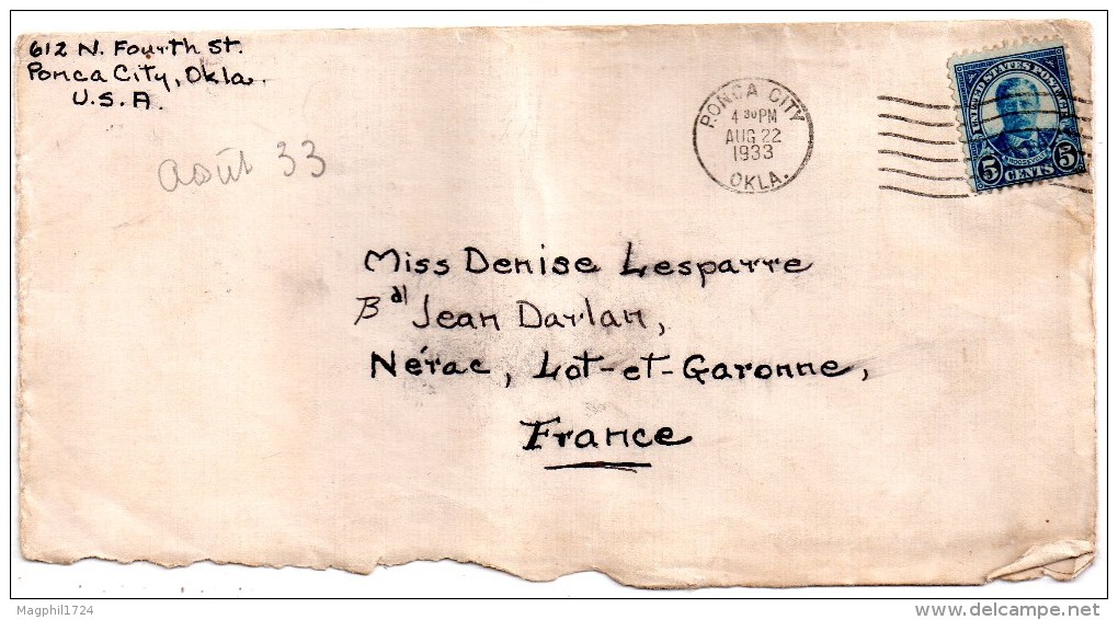 Lettre Des Etats-unis Pour La France (1933) - 1921-40