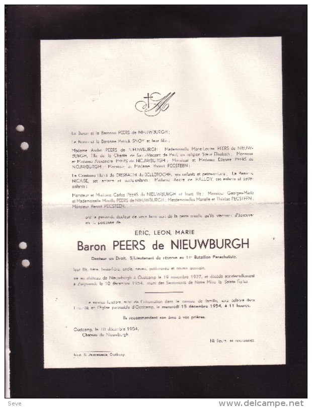 OOSTKAMP Eric Baron PEERS De NIEUWBURGH 1927-1954 Accident Zwijnaarde Docteur En Droit Parachutiste Doodsbrief PECSTEEN - Obituary Notices