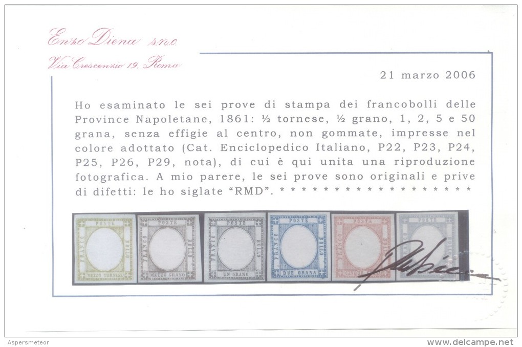 PROVE DI STAMPI PROVINCE NAPOLETANI ANNO 1861 CERTIFICADO DE ENZO DIENA ANNO 2006 - Nápoles